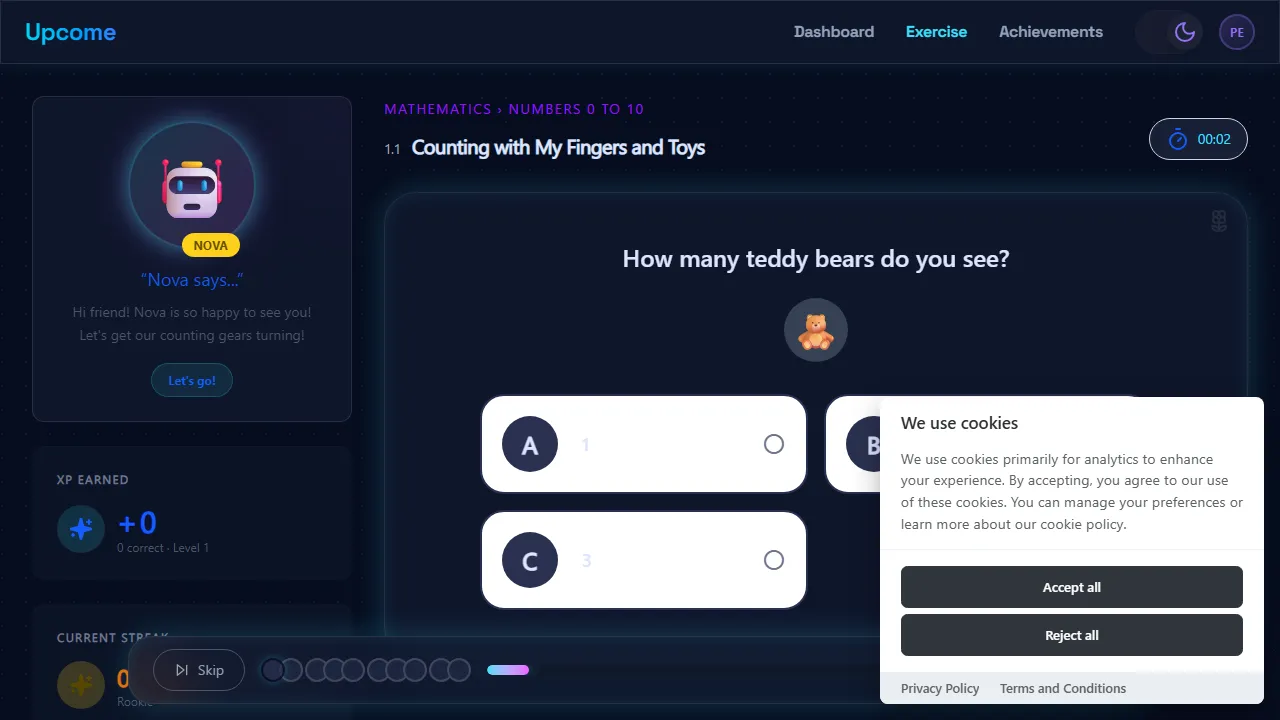 Sample Grade 1 math exercise on Upcome: a child counting with fingers and toys.